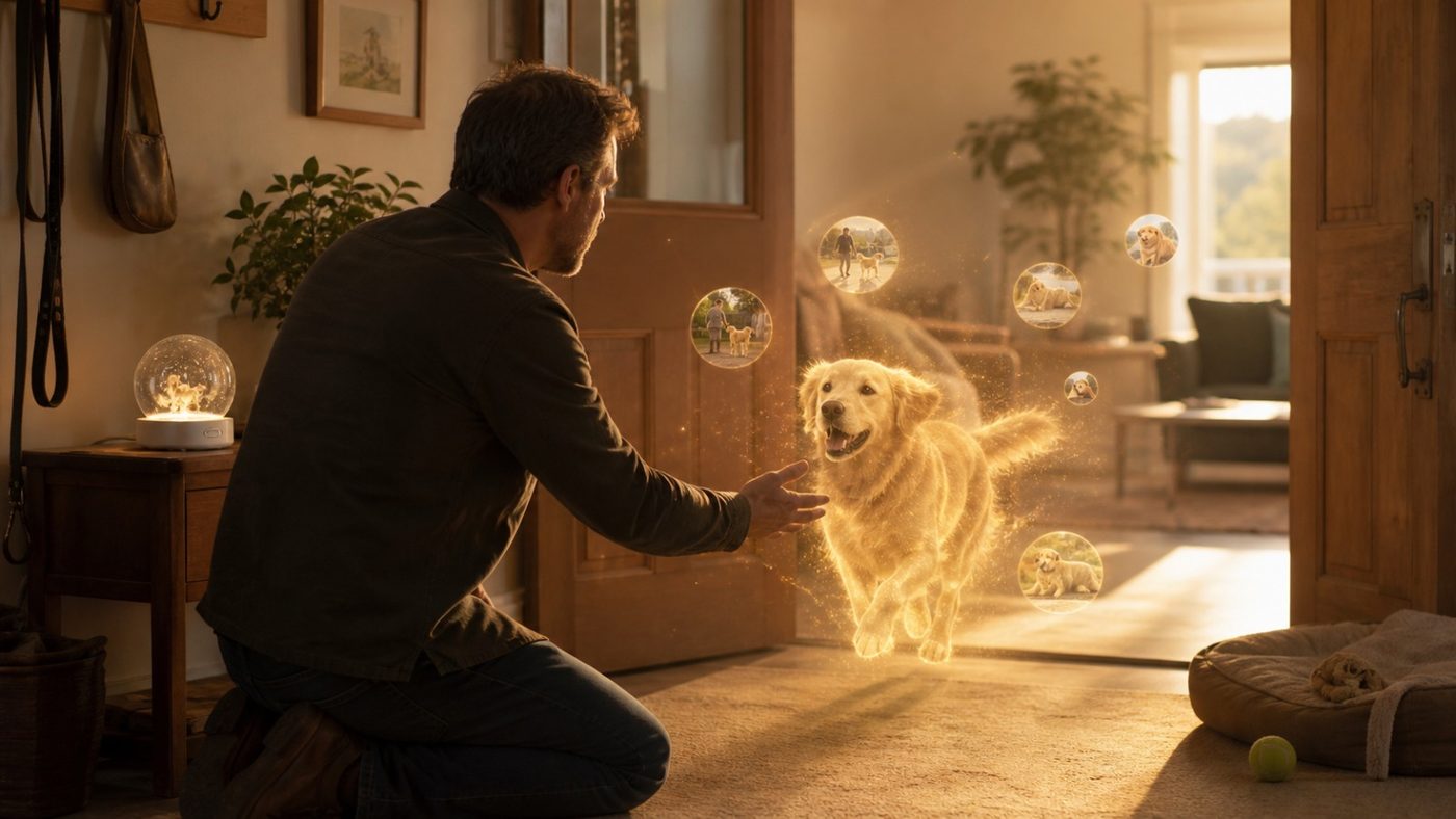 A man kneeling to greet his dog running towards him