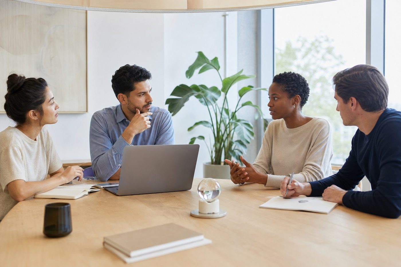Four people talking around a meeting table